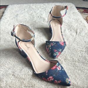 Qupid Navy Floral Pointed Toe Heels